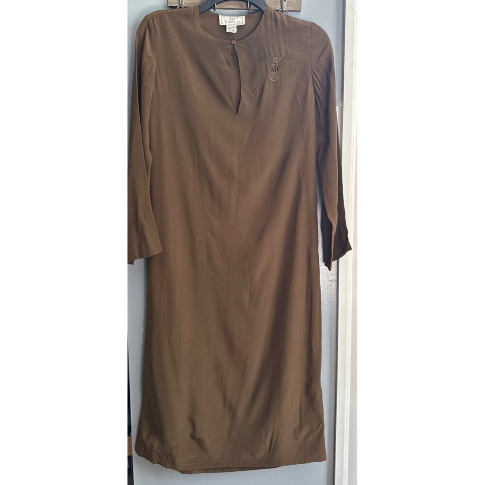 Soo Yung Lee 100% Silk Midi Dress Women’s Size 4 Dark Olive Green Quarter Sleeve